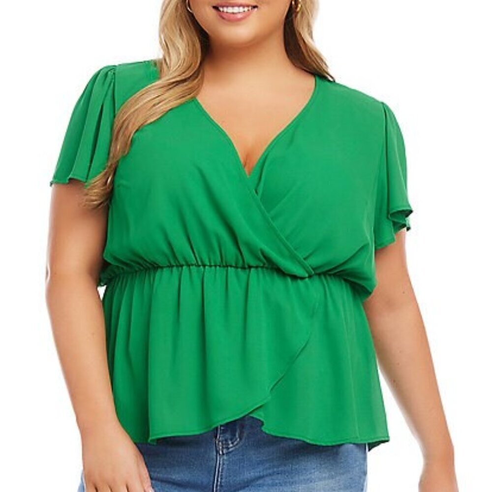 Karen Kane Faux Wrap Top Women's Plus Size 3X Green Flutter Sleeve Surplice